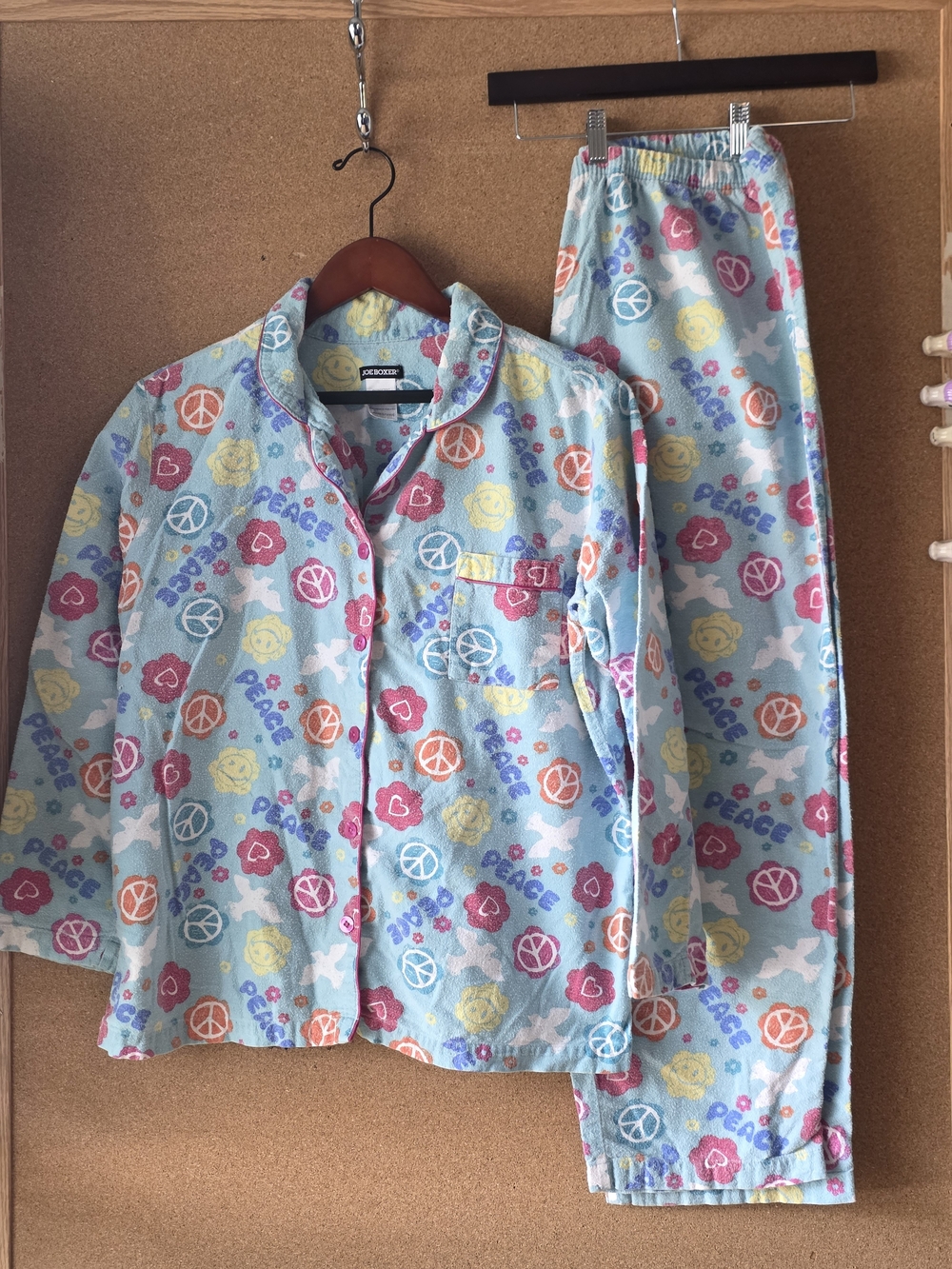 Joe Boxer Y2K Flannel Pajama Set L Blue Retro Peace Signs 2 PC Vintage